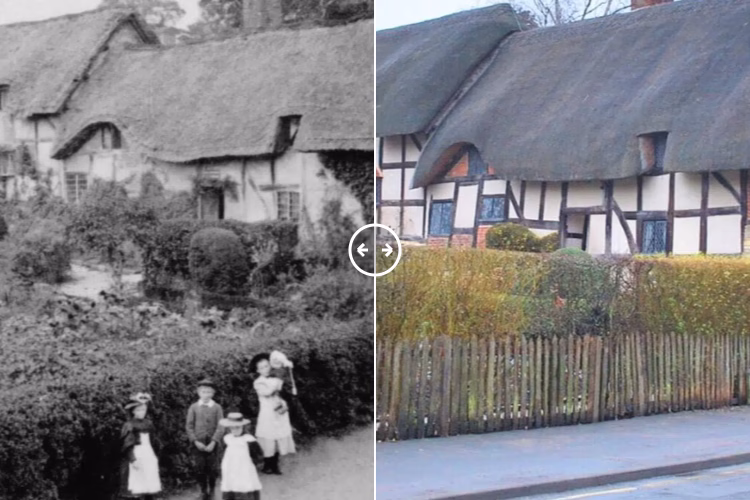 Then and now comparison: Ann Hathaway’s Cottage 1900 – 2024