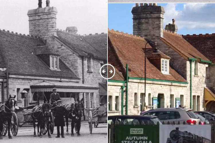 Then and now comparison: Corfe Castle station Corfe Castle Dorset c1900 – 2024