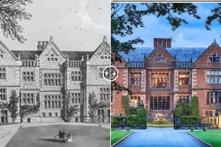 Then and now comparison: Dorfold Hall Cheshire  1851 – 2024