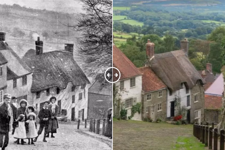 Then and now comparison: Gold Hill Shaftesbury Dorset c1900 – 2024