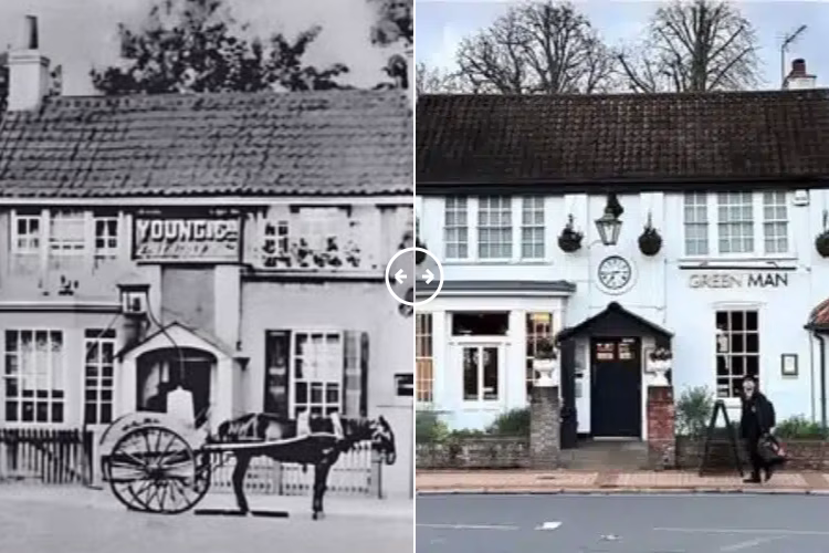 Then and now comparison: Green Man pub Putney London 1900 – 2025