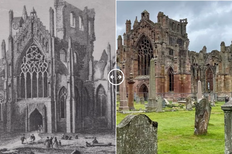 Then and now comparison: Melrose Abbey Melrose 1886 – 2024