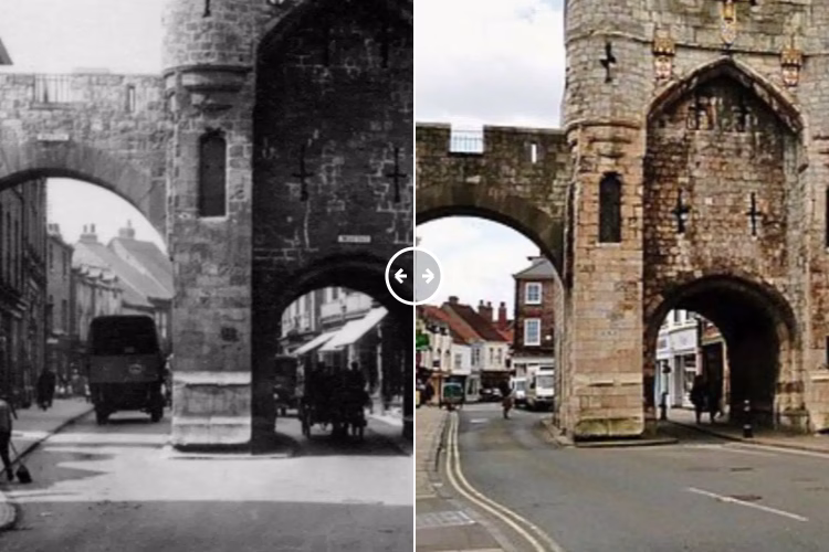 Then and now comparison: Monk Bar in York c1900 – 2024