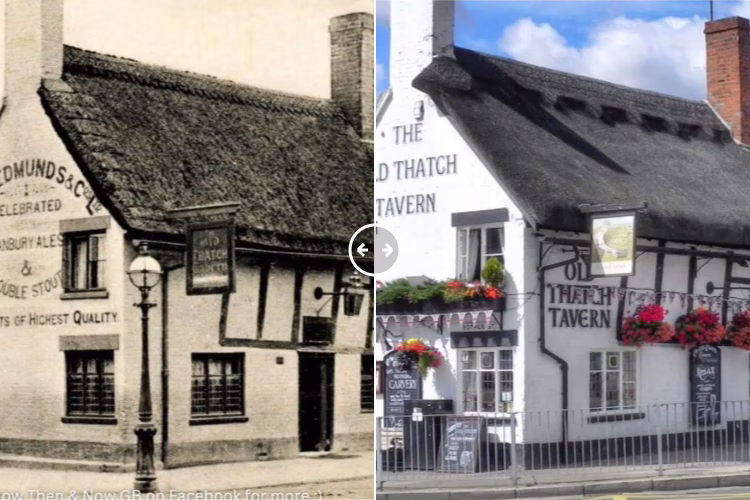 Then and now comparison: Old Thatch Tavern Stratford-upon-Avon c 1890 – 2024