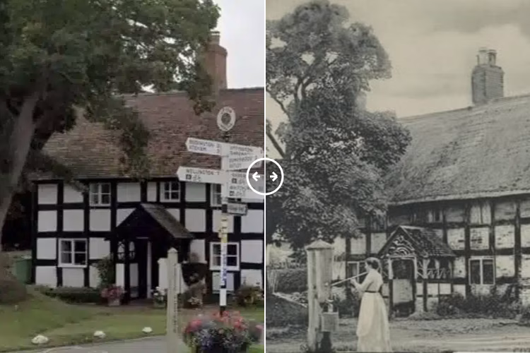 Then and now comparison: Porch House Upton Magna Shrewsbury 1901 – 2024
