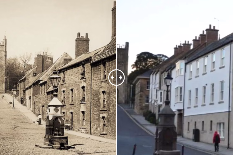 Then and now comparison: Pottergate Tower Alnwick Northumberland c1900 – 2024