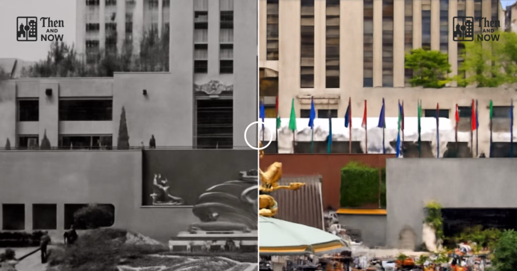 Then and now comparison: Rockefeller Center, New York, USA 1934 – 2026