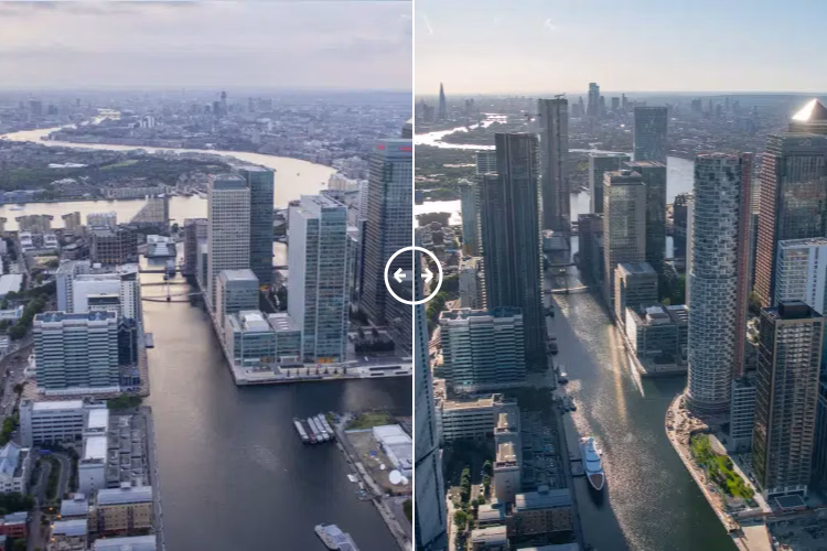 Then and now comparison: South Dock in Canary Wharf London 2005 – 2020
