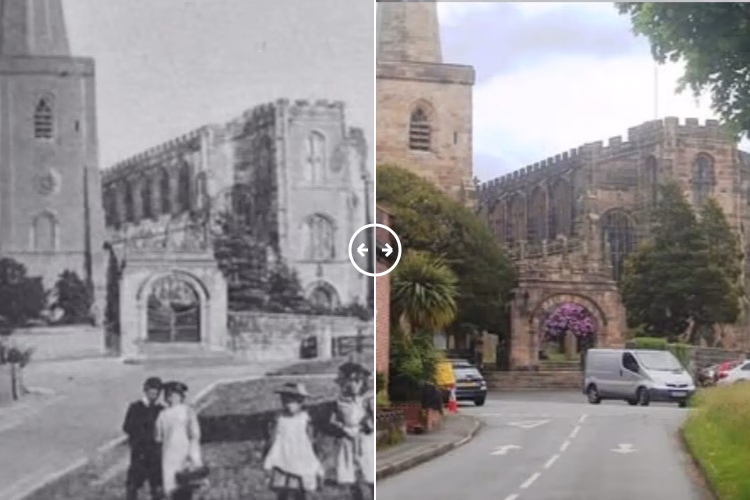 Then and now comparison: St Mary’s Church Astbury Cheshire  c1900 – 2024