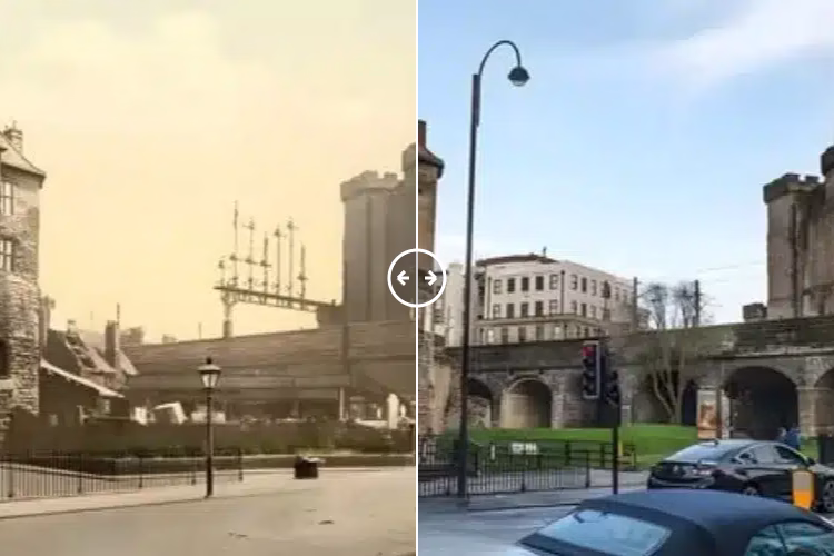 Then and now comparison: The Black Gate and Castle Keep Newcastle 1905 – 2025