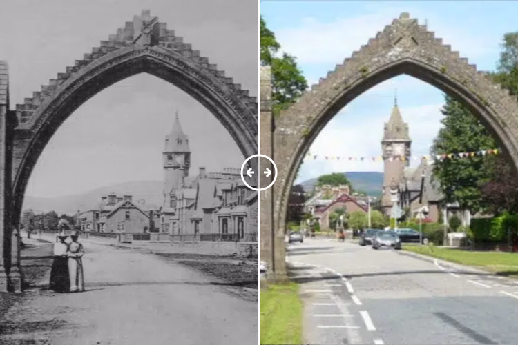 Then and now comparison: The Dalhousie Memorial Arch Angus Scotland 1894- 2024