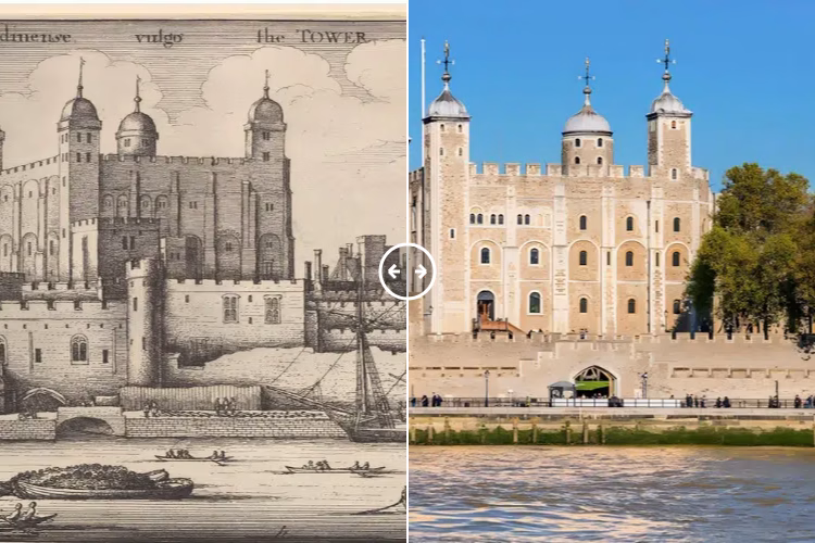 Then and now comparison: The Tower of London 1625 – 2025