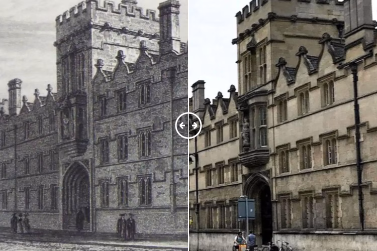 Then and now comparison: University College Oxford High Street 1833 – 2024