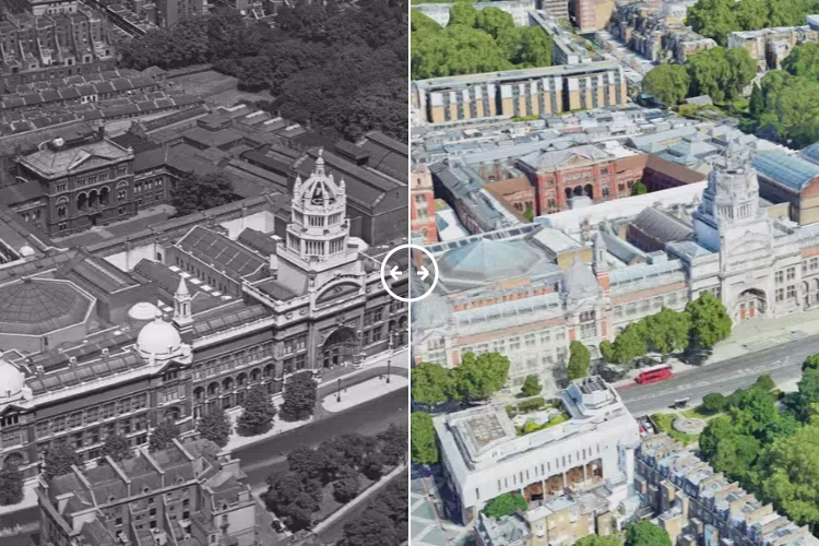 Then and now comparison: Victoria and Albert Museum London 1930s – 2024