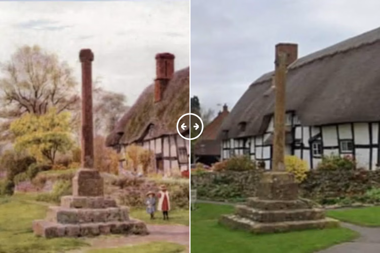 Then and now comparison: Village Cross Ashton-under-Hill  1900 – 2025