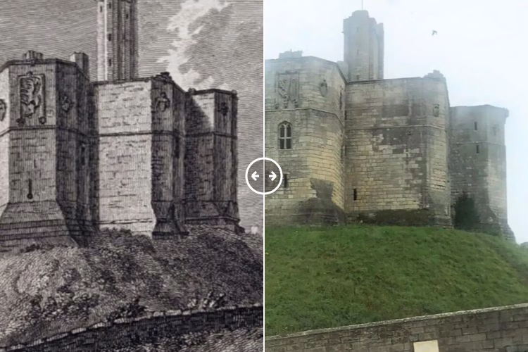 Then and now comparison: Warkworth Castle Northumberland 1785 – 2024