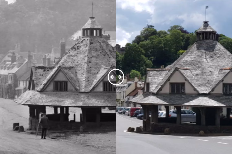 Then and now comparison: Yarn Market Dunster Somerset c1900 – 2024